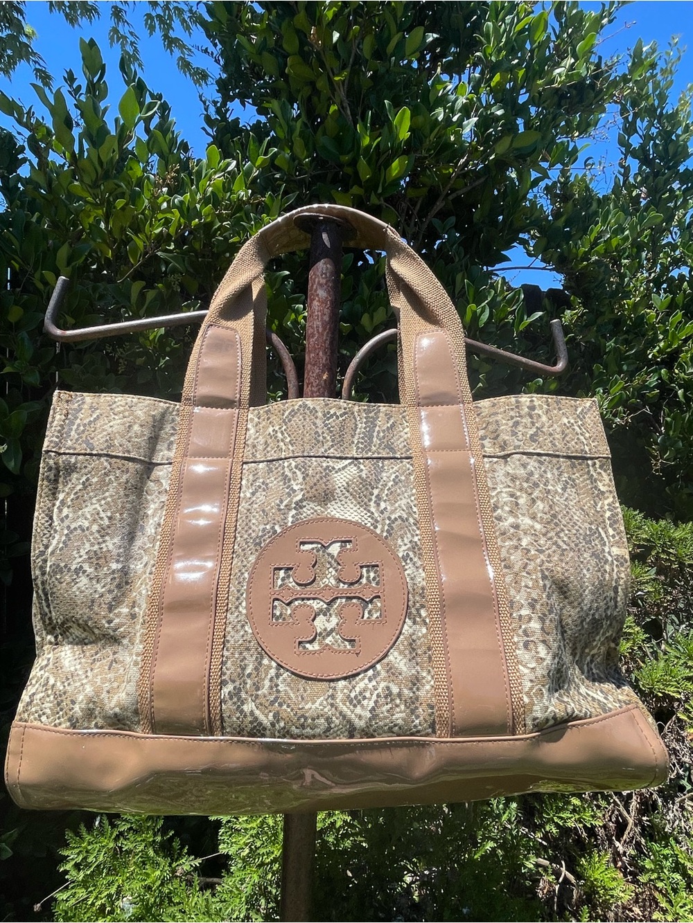 Tory Burch Ella Large Snake Print Tote Tan Patent Trim Double T Logo